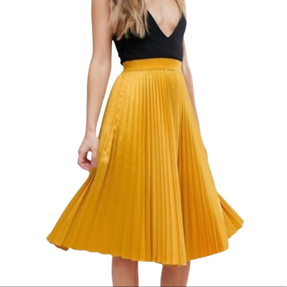 Flint & Moss New York Yellow Gold High Rise Satin Pleat Midi Skirt Sz M
